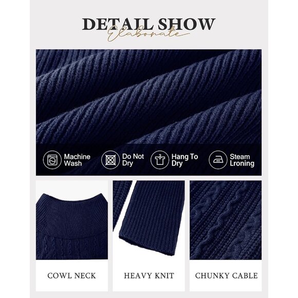 Women's Dark Blue Long Sleeve Cowl Neck Bodycon Mini Sweater Short Dress - Picture 6 of 7